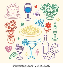 Delightful cake, wine glass, fruit bowl, pasta dish, flowers, candle, and festive elements create charming celebration atmosphere filled with joy and love