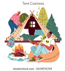 A delightful camping scene featuring friends enjoying cozy moments in nature with a tent, fire, and greenery.