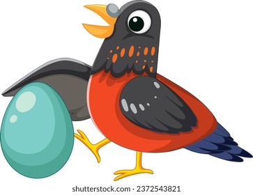 A delightful cartoon bird character rolling an egg
