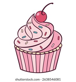 Um delicioso cupcake de desenho animado com geada rosa decorado com polvilhos coloridos, coberto com uma cereja madura, situado contra um pano de fundo limpo e branco.