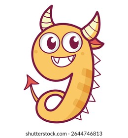 Um desenho animado delicioso retrata o número nove como um monstro amarelo jovial, completo com chifres, uma cauda e um sorriso dentado contra um fundo limpo e transparente.
