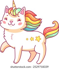 Una encantadora caricatura presenta un gato unicornio con una vibrante melena arcoíris que muestra una expresión alegre y divertidos motivos de estrellas a su lado. Este personaje encarna una estética mágica y lúdica.