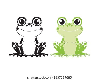 Delightful cartoon frog illustrations are presented in both classic black and white and vibrant green against a clean white backdrop.
