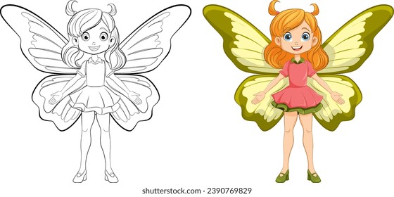 A delightful cartoon girl with butterfly wings in a fairy dress