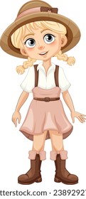 A delightful cartoon girl wearing suspenders, a skirt, and a hat, with a happy smile