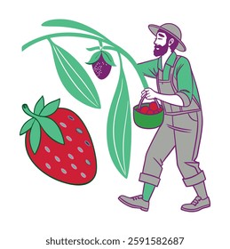 A delightful cartoon illustration of a cheerful farmer picking fresh strawberries from a tree. Perfect for farm branding, children's books, educational materials, organic food promotions,