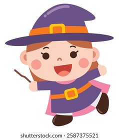 A delightful cartoon illustration of a cheerful little witch dressed in a purple hat and matching outfit, holding a magic wand.