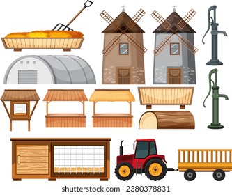 A delightful cartoon illustration of a farm with various objects and animals