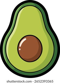 Uma ilustração encantadora de desenho animado apresenta um abacate que foi cortado ao ar livre, mostrando sua carne verde vibrante e grande semente. Ideal para visuais relacionados a alimentação saudável, vegetariana e vegana