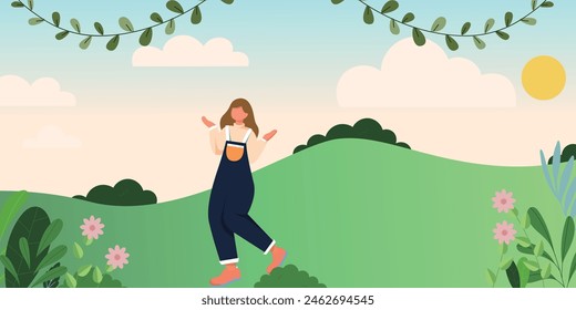 A delightful cartoon illustration of a girl joyfully strolling through a lush green landscape.