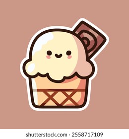 A delightful cartoon illustration of a light brown ice cream cone with a smiling face and a piece of chocolate sticking out of the top.