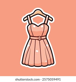 A delightful cartoon illustration of a pink dress, set against a peach background. Perfect for fashion-themed designs, clothing icons, and children's illustrations.