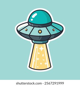 A delightful cartoon illustration of a UFO with a dome on top and a beam of light coming down from it, set against a teal background. Perfect for sci-fi themed designs and playful illustrations.