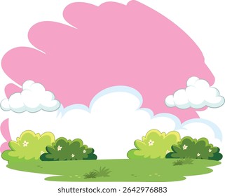 Uma paisagem encantadora de desenhos animados retratando arbustos verdes vibrantes com pequenas flores brancas sob um céu grande, macio e rosa com nuvens fofas
