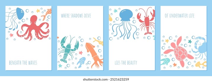 Delightful cartoon marine life postcard design set. Colorful underwater world featuring sea creatures, vibrant reefs, and oceanic plants. Playful aquatic banner and poster template.