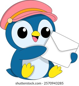 A delightful cartoon penguin wearing a pink hat and holding an envelope with a cheerful expression