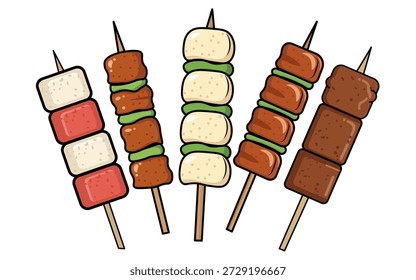 A delightful cartoon set featuring five different colorful skewers representing popular street food, barbecue, or grilled snacks isolated on a clean white background, perfect for menu designs and advertising.
