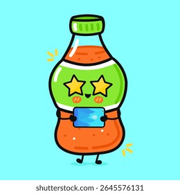 A delightful cartoon soda bottle character is using a tablet with joy on a vibrant blue backdrop.