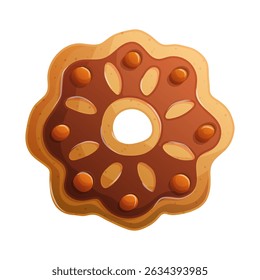 A delightful cartoon style illustration of a donut with brown chocolate icing, caramel candies and almond pieces. Perfect for sweet treat designs.