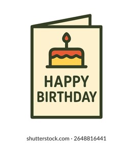 A delightful cartoon vector illustration of a birthday card with a cake and candle, perfect for conveying holiday greetings, celebration, and festive wishes. Ideal for invitations, party promotions.