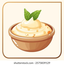 Delightful cartoon vector illustration of creamy savory sauce in a simple bowl. Texture with swirling lines, rich and smooth consistency. For recipe illustrations or restaurant menus