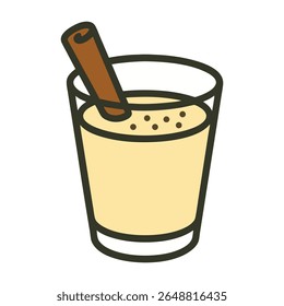 A delightful cartoon vector illustration of a glass of eggnog with a cinnamon stick and sprinkles, symbolizing holiday cheer, warmth, and festive indulgence. Perfect for Christmas, winter.