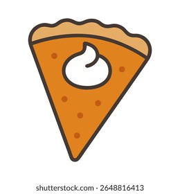 A delightful cartoon vector illustration of a slice of pumpkin or sweet potato pie, topped with whipped cream. Perfect for conveying themes of holiday desserts, Thanksgiving, autumn.
