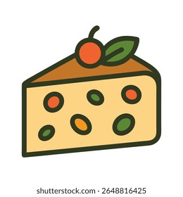 A delightful cartoon vector illustration of a slice of cheesecake topped with a cherry and leaf, and colorful polka dots. Perfect for conveying themes of sweet desserts, celebrations.