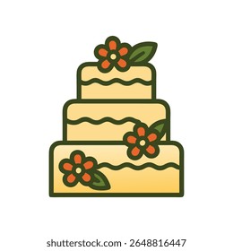 Um delicioso desenho animado ilustração vetorial de um bolo de três camadas adornado com flores e folhas, simbolizando celebração, casamentos e ocasiões festivas. Perfeito para aniversários, aniversários.