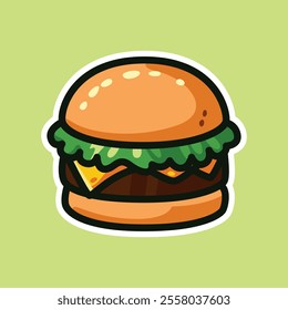 Delightful cartoon-style illustration of a cheeseburger featuring fresh lettuce, melted cheese, and a toasted bun, set on a light green background. Perfect for food projects and branding