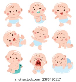 A delightful cartoon-style illustration featuring babies in different playful and expressive poses.