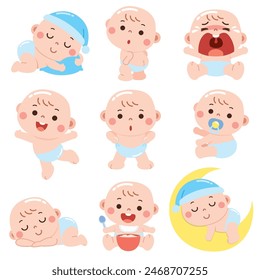 A delightful cartoon-style illustration featuring a baby in various adorable expressions and activities.