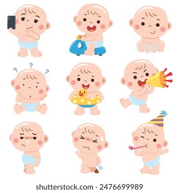 A delightful cartoon-style illustration featuring a baby in different adorable and humorous situations.