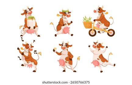 Delightful and Charming Cartoon Cows Engaged in Various Fun and Exciting Activities
