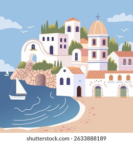 Delightful and Charming Coastal Village Illustration Featuring Beautiful Mediterranean Architecture
