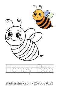 A delightful and charming honey bee coloring page for kids, featuring a friendly bee with big eyes and striped wings. The design includes clear, bold outlines, making it easy for young artists to colo