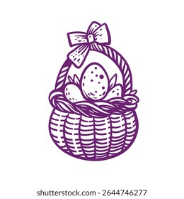 A delightful and charming illustration of a beautifully arranged Easter basket filled with decorative eggs