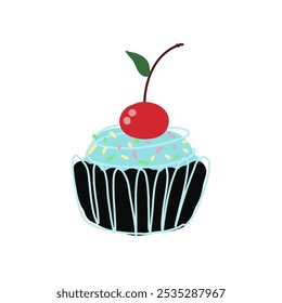 Una ilustración encantadora y encantadora de un cupcake colorido bellamente coronado con glaseado azul y una cereza brillante