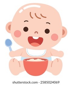 A delightful and cheerful cartoon-style illustration of a baby happily eating.