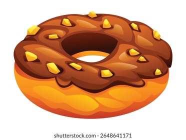 Delícia rosquinha de chocolate com pedaços de caramelo dourado, perfeito para desejos doces e temas de sobremesa. Ilustração de desenho animado vetorial