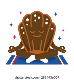 A delightful chocolate madeleine cookie character in a meditative pose on a yoga mat, surrounded by sparkling stars.