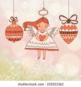 Delightful Christmas card in vector. Cute holiday background with small cute angel in New Year toys in cartoon style on bright background with bokeh effect