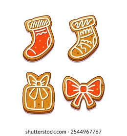 Delightful Christmas Gingerbread Cookies Featuring Festive Designs Of Stockings, Bows, And Gift Boxes Adorned With Icing Details Evoke A Sense Of Joy And Holiday Spirit. Traditional Christmas Treats