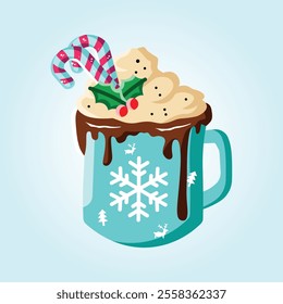 A delightful Christmas hot chocolate in a teal mug topped with whipped cream, a candy cane, and chocolate drizzle. Festive and warm!