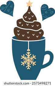 A delightful Christmas hot chocolate in a teal mug topped with whipped cream, and chocolate drizzle. Festive and warm!