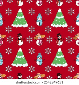 A delightful Christmas pattern featuring cheerful snowmen, snow-covered trees, and intricate snowflakes on a bright red background, perfect for holiday designs and winter-themed projects.