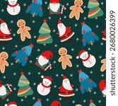 A delightful Christmas seamless pattern on a dark green background with hand-drawn trees, a snowman, a gingerbread man, Santa, a gnome, and snowflakes for holiday decor. Vector.