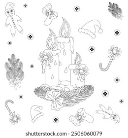 A delightful Christmas-themed coloring page featuring candles, gingerbread men, and festive decorations. Perfect for holiday creativity.