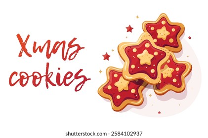 Delightful Christmas-themed vector illustration of vibrant star-shaped xmas cookies decorated with red icing, golden stars, and glittering accents. Festive cartoon icon with joy and creativity 