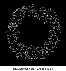 A delightful circular design featuring cheerful suns and fluffy clouds